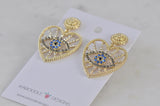 Evil Eye Rhinestone Diamonte Gold Heart Dangle Stud Earrings