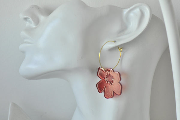 Acrylic Red Flower Poppy Drop Dangle Earrings