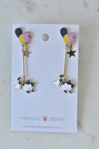 Balloon Star Flying Cat Kitten Novelty Fun Drop Dangle Earrings