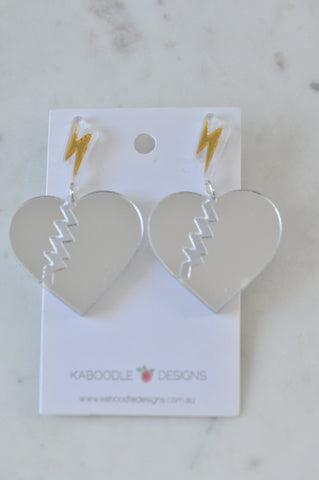 Acrylic Lightning Heart Break Mirror Silver Drop Dangle Earrings