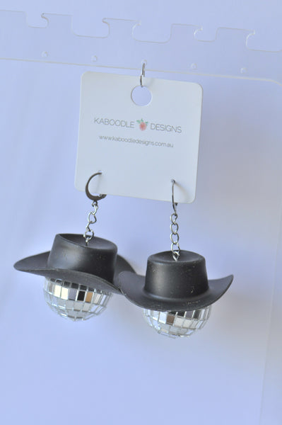 Disco Ball and Black Cowboy Hat Drop Earring