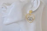 Evil Eye Rhinestone Diamonte Gold Heart Dangle Stud Earrings