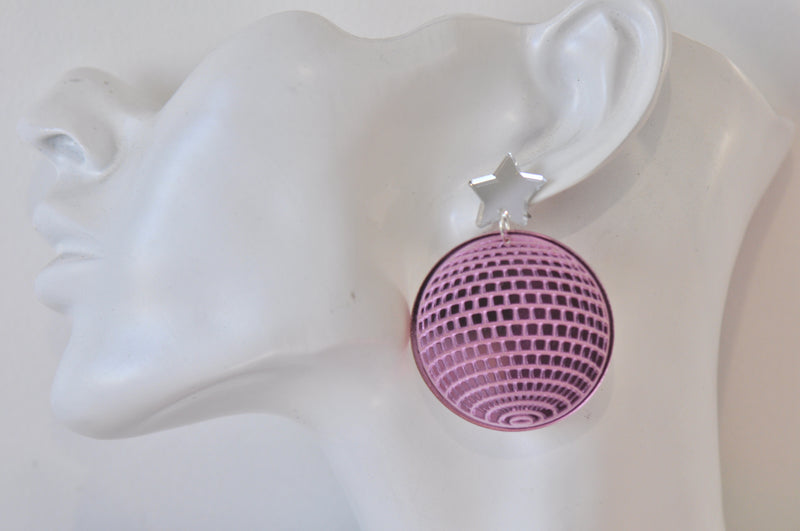 Disco Ball Retro Star Dance Party Drop Earring - Pink