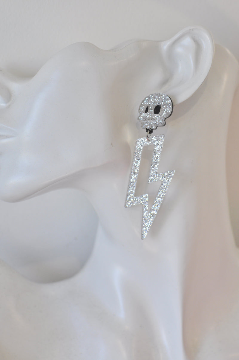 Acrylic Halloween Skull Lightning Glitter Drop Dangle Earrings