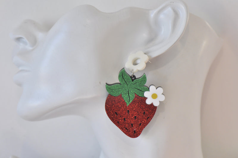 Acrylic Strawberry with Flower Drop Dangle Earrings