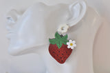 Acrylic Strawberry with Flower Drop Dangle Earrings