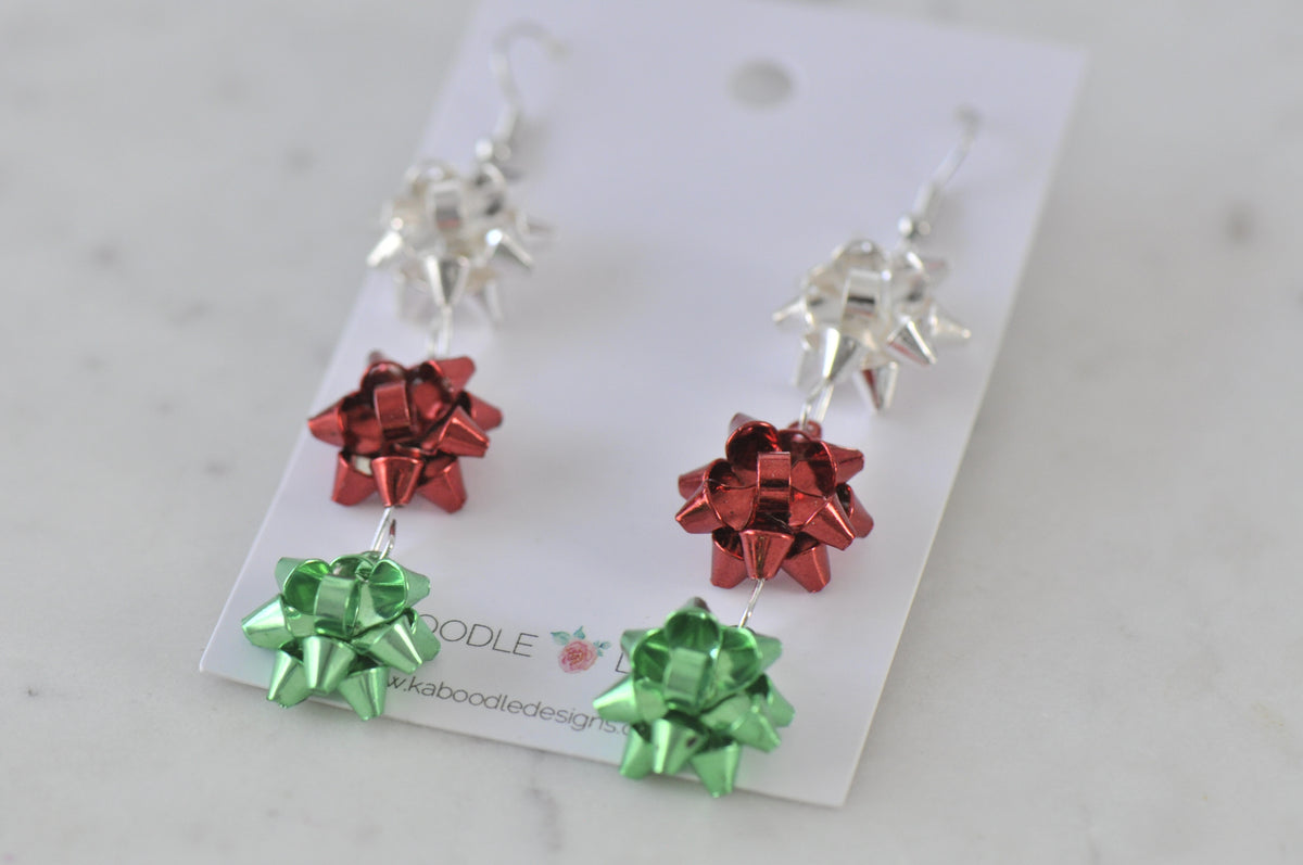 Christmas Green and Red Present Gift Ribbon Novelty Fun Drop Dangle Earrings