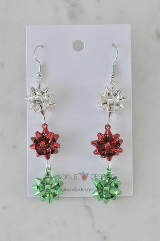 Christmas Green and Red Present Gift Ribbon Novelty Fun Drop Dangle Earrings