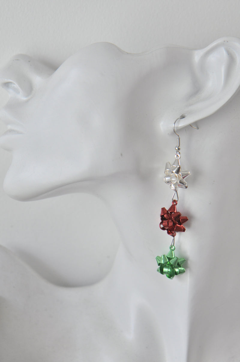 Christmas Green and Red Present Gift Ribbon Novelty Fun Drop Dangle Earrings