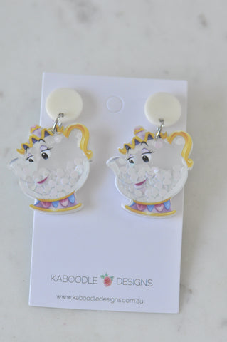 Acrylic Mrs Potts Fairy Tale Glitter Heart Shaker Cartoon Dangle Earrings
