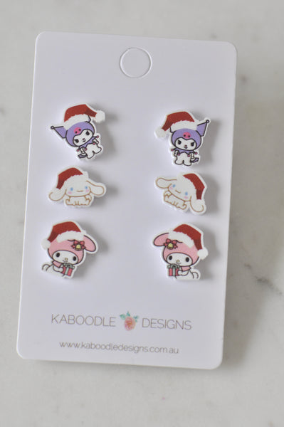 Christmas Set of 3 pairs Kawaii Cartoon Characters Xmas Drop Earrings