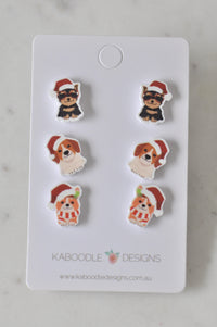 Three pairs of Christmas dog stud earrings on a Kaboodle Designs card: terrier in sunglasses, beagle and corgi in scarf