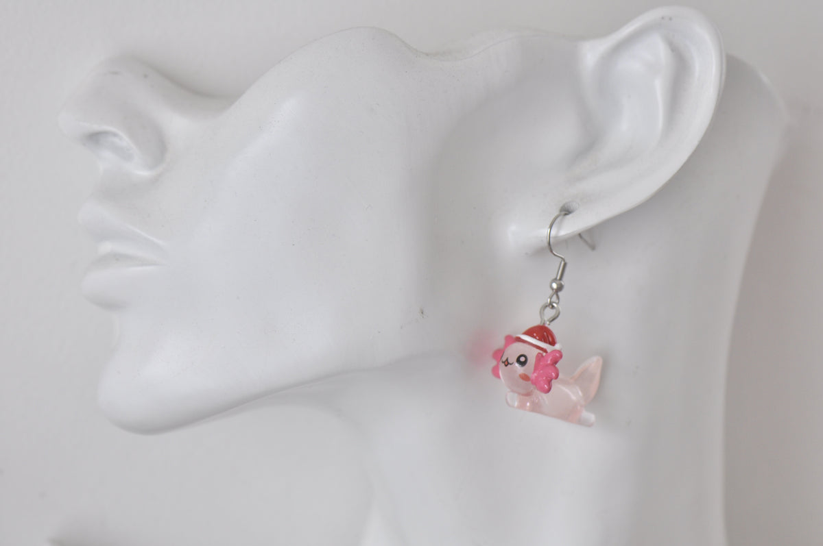 Axolotl Christmas Santa Hat Dangle Drop Earrings - Pink