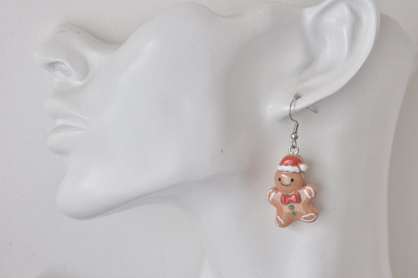 Miniature Gingerbread Man Santa Hat Dangle Drop Earrings