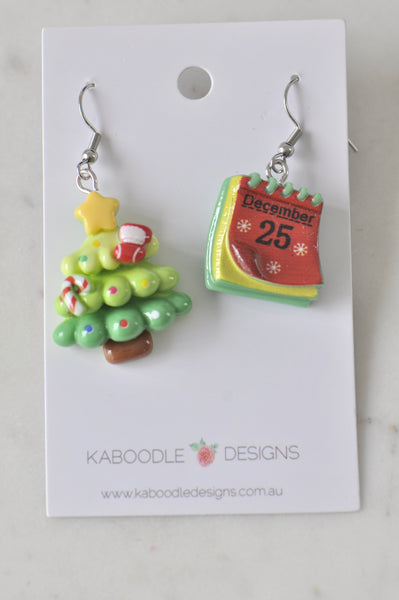 Christmas Tree and Calendar Novelty Dangle Drop Earrings