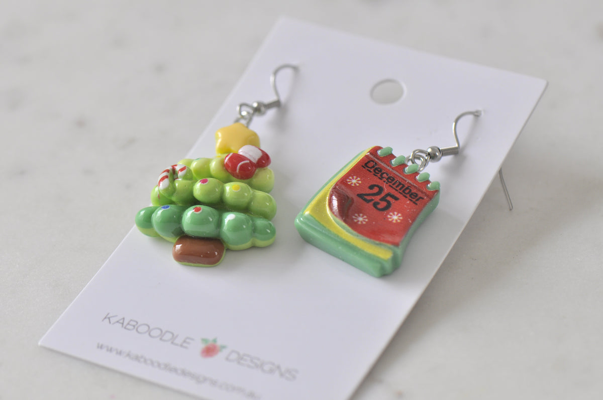 Christmas Tree and Calendar Novelty Dangle Drop Earrings