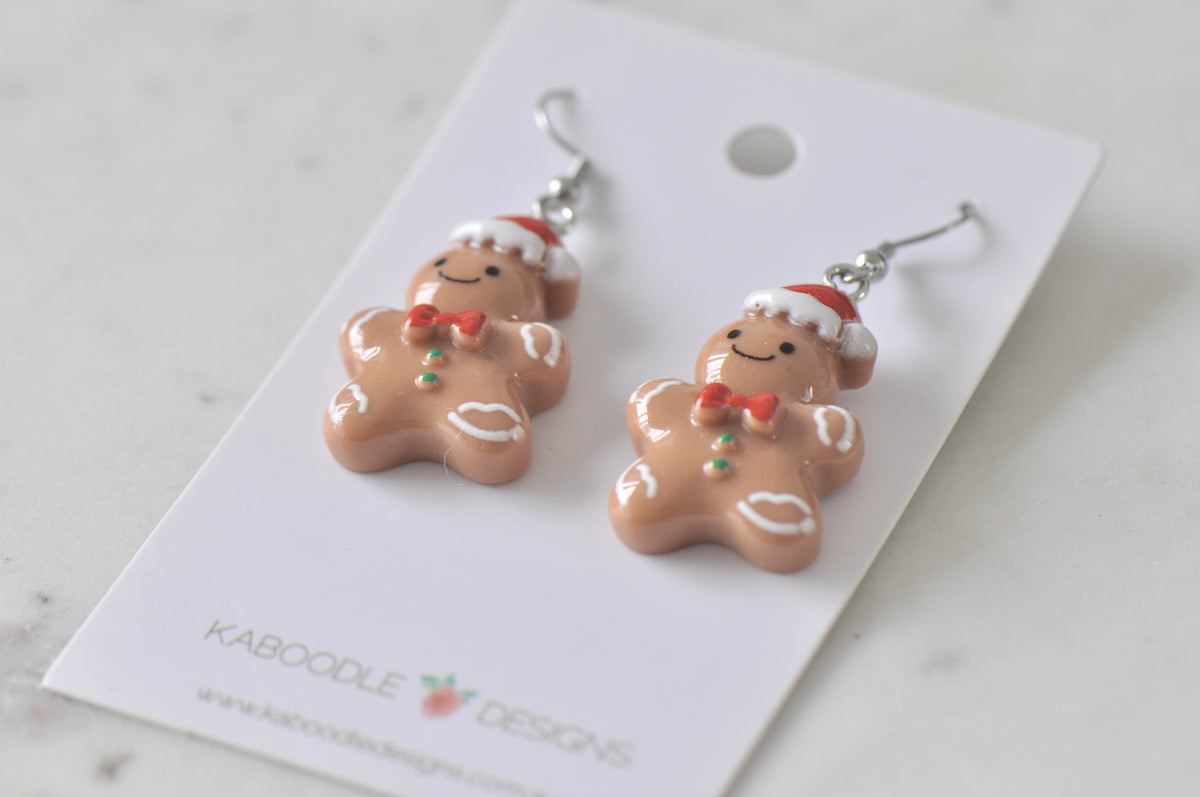 Miniature Gingerbread Man Santa Hat Dangle Drop Earrings