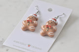 Miniature Gingerbread Man Santa Hat Dangle Drop Earrings