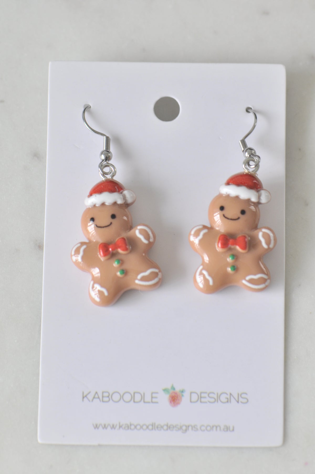 Miniature Gingerbread Man Santa Hat Dangle Drop Earrings