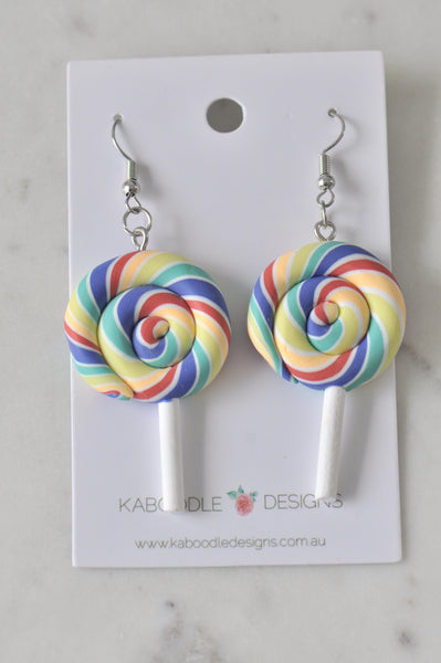 Colourful Clay Swirl Lollipop Candy Novelty Fun Drop Dangle Earrings