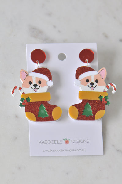 Acrylic Christmas Merry Christmas Corgi Dog Stocking Drop Dangle Earrings