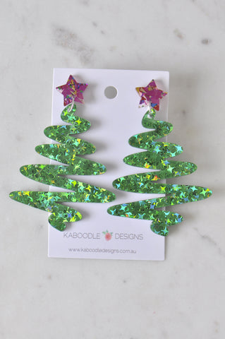 *** Acrylic Christmas Merry Christmas Xmas Tree Swirl Spiral Drop Dangle Earrings - Green