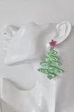 Acrylic Christmas Merry Christmas Xmas Tree Swirl Spiral Drop Dangle Earrings - Green