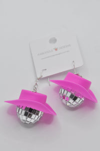 Pair of hot pink cowboy hat and disco ball drop earrings on Kaboodle Designs card