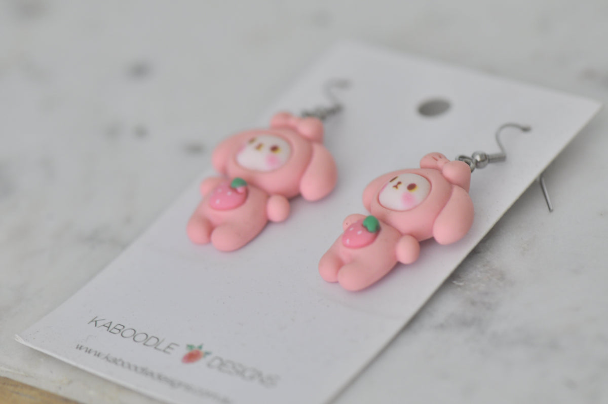Bunny Rabbit Strawberry Drop Dangle Earrings