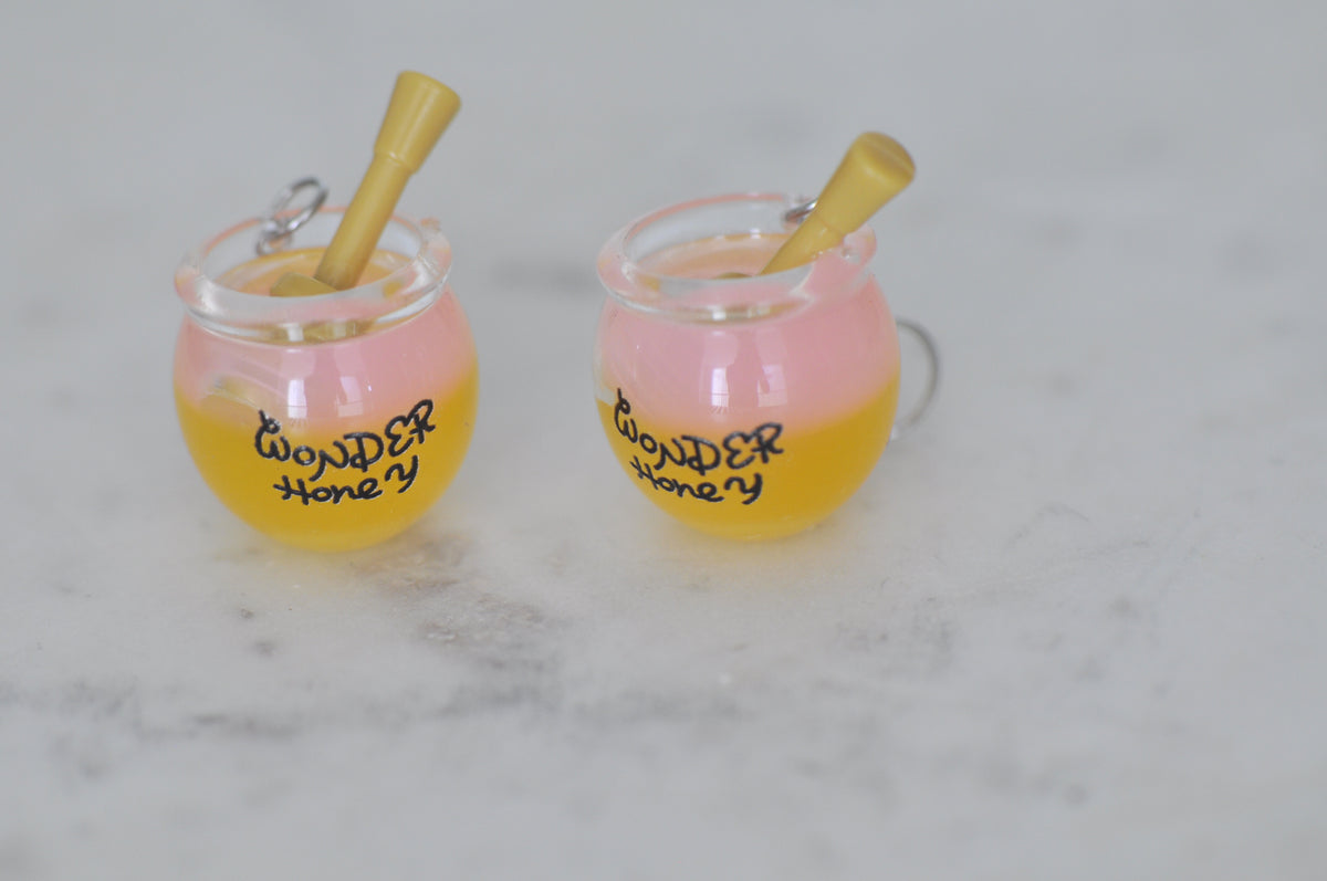 Bee Honey Pot Jar and Dipper Drop Dangle Earrings