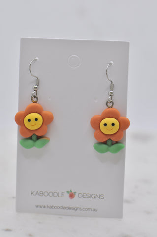 Happy Face Flower Drop Dangle Earrings - Orange