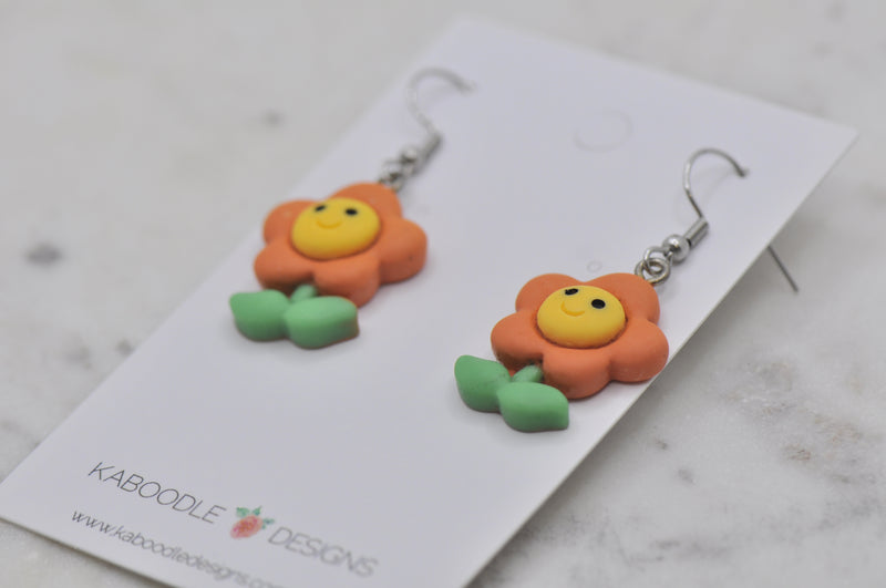 Happy Face Flower Drop Dangle Earrings - Orange