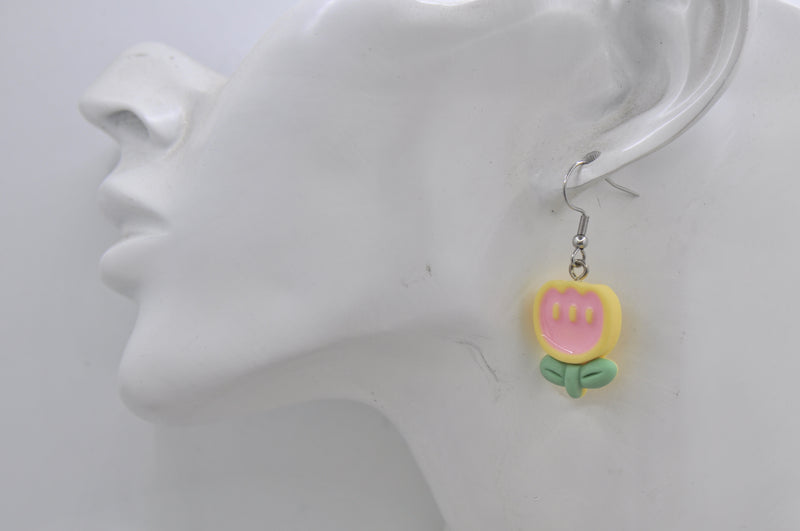 Tulip Flower Drop Dangle Earrings - Pink and Yellow