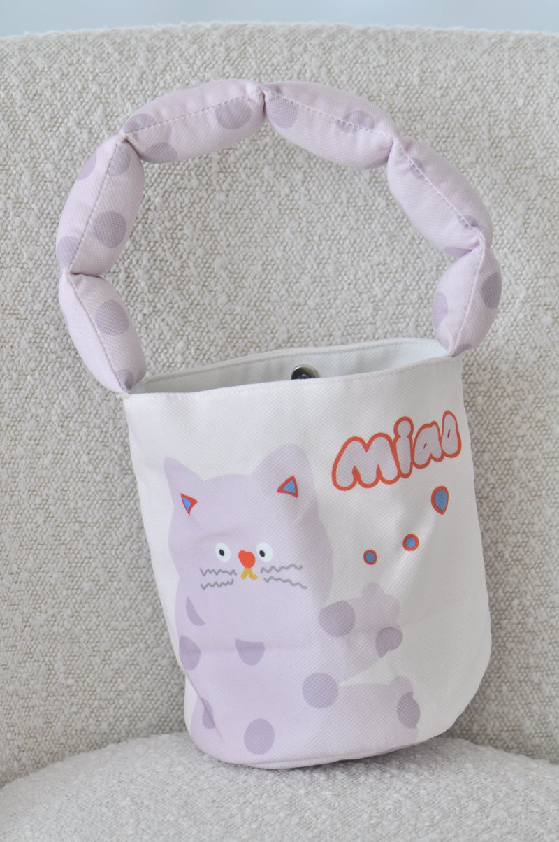 Soft Canvas Bucket Bag - Purple Cat