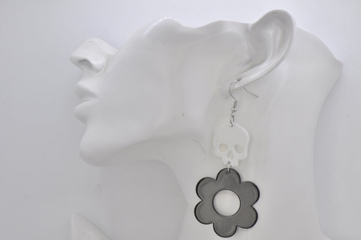 Acrylic Halloween Skull and Flower Drop Dangle Earrings