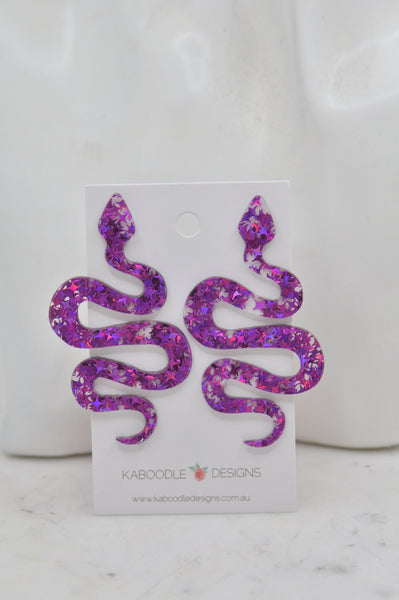 Acrylic Glitter Swirl Snake Dangle Drop Earrings - Purple
