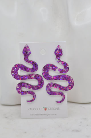 Acrylic Glitter Swirl Snake Dangle Drop Earrings - Purple