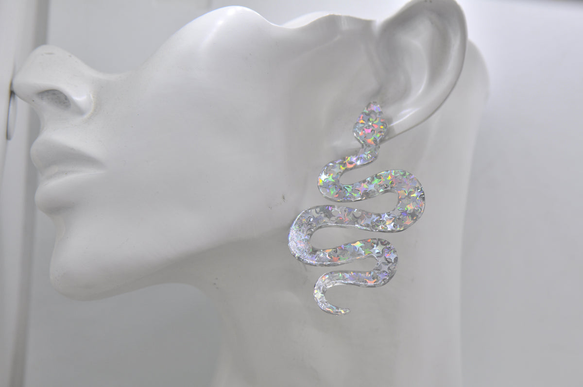 Acrylic Glitter Swirl Snake Dangle Drop Earrings - Silver