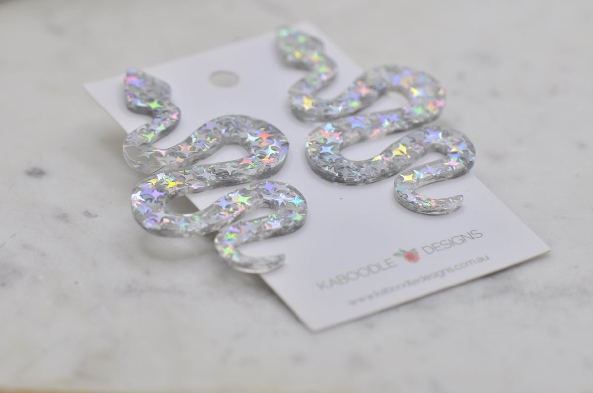 Acrylic Glitter Swirl Snake Dangle Drop Earrings - Silver