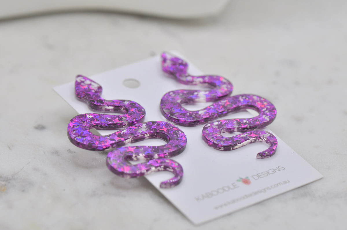 Acrylic Glitter Swirl Snake Dangle Drop Earrings - Purple