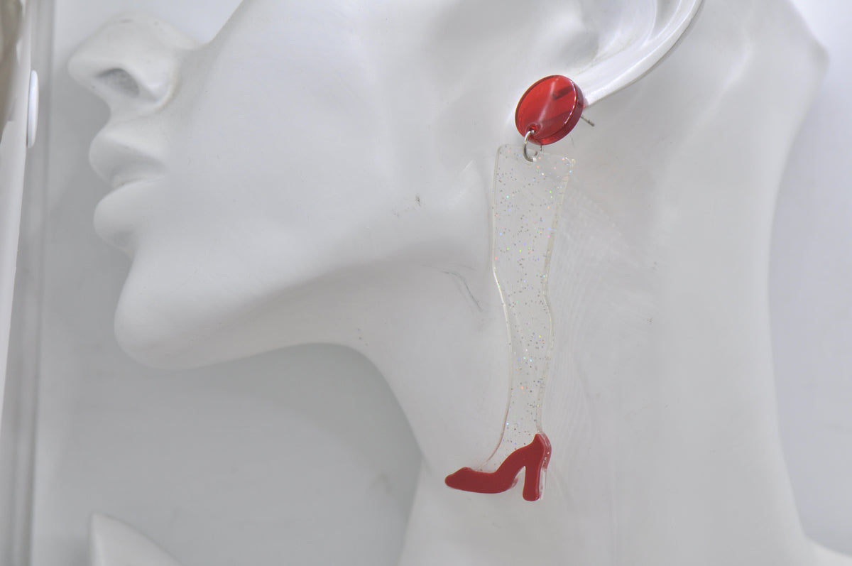 Acrylic Perspex Long Legs Red Stiletto Drop Dangle Earrings