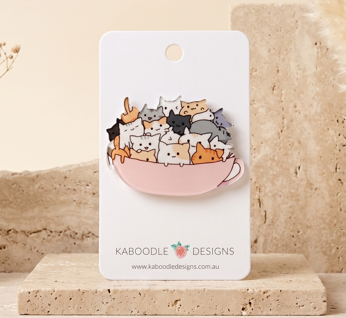 Cats In A Cup Brooch - Pink