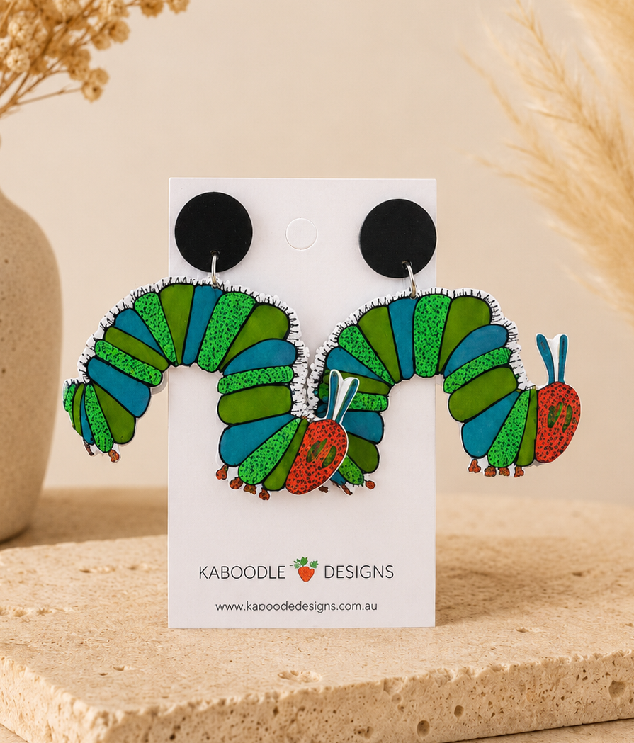 The Very Hungry Caterpillar Earrings - Acrylic Glitter Book Week Teacher Dangle Drops