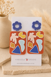 Boho Flower Earrings - Geometric Coral Red Statement Drops