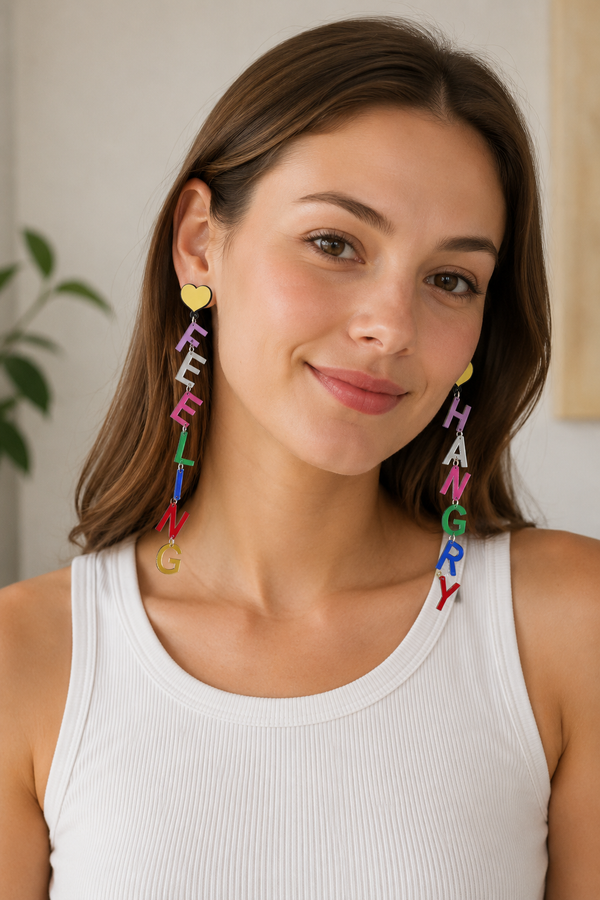 Rainbow Earrings - Acrylic "Feeling Hangry" Quote Dangle Drops
