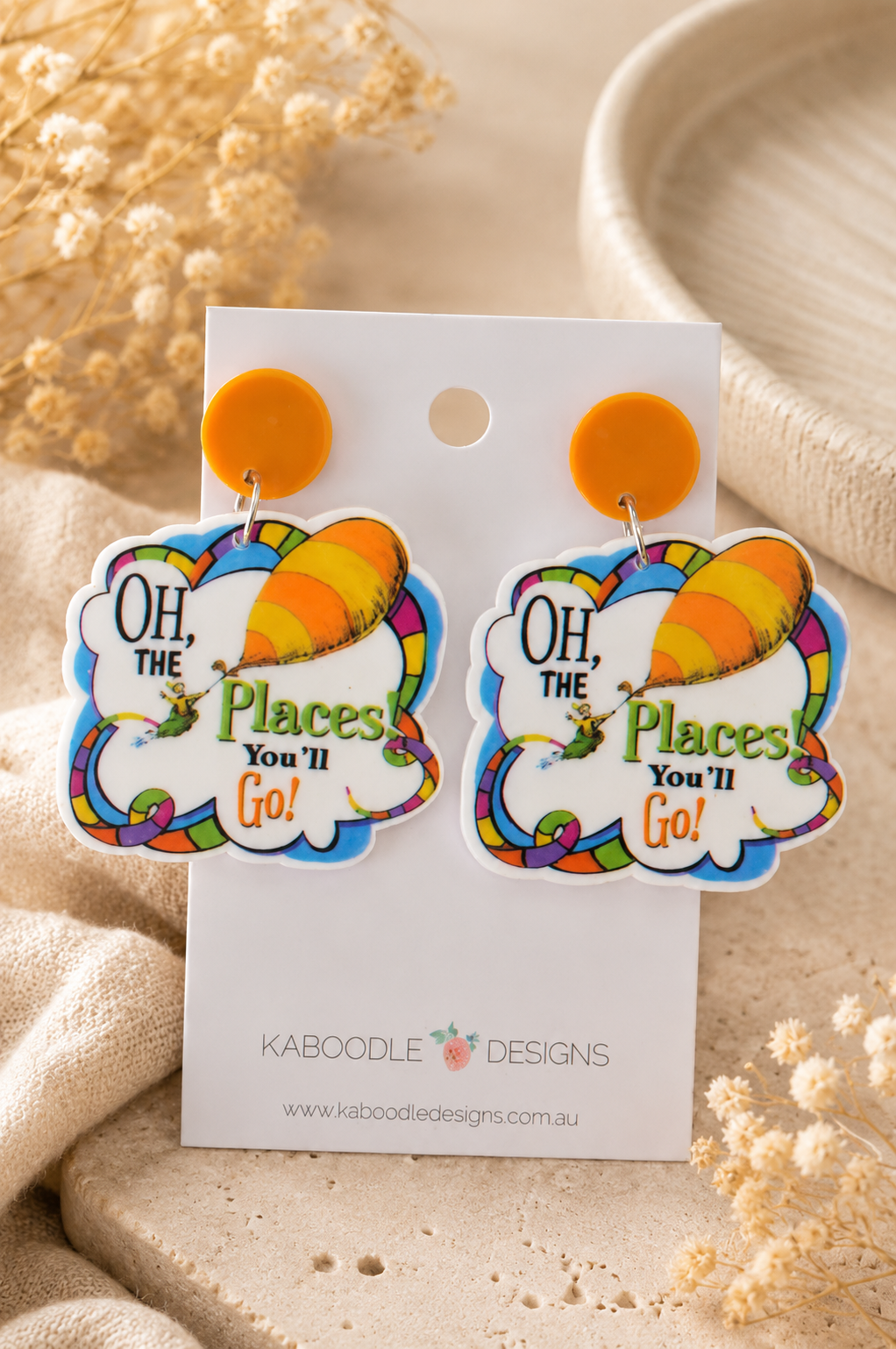 Dr Seuss Earrings - Oh The Places You'll Go Dangle Drops