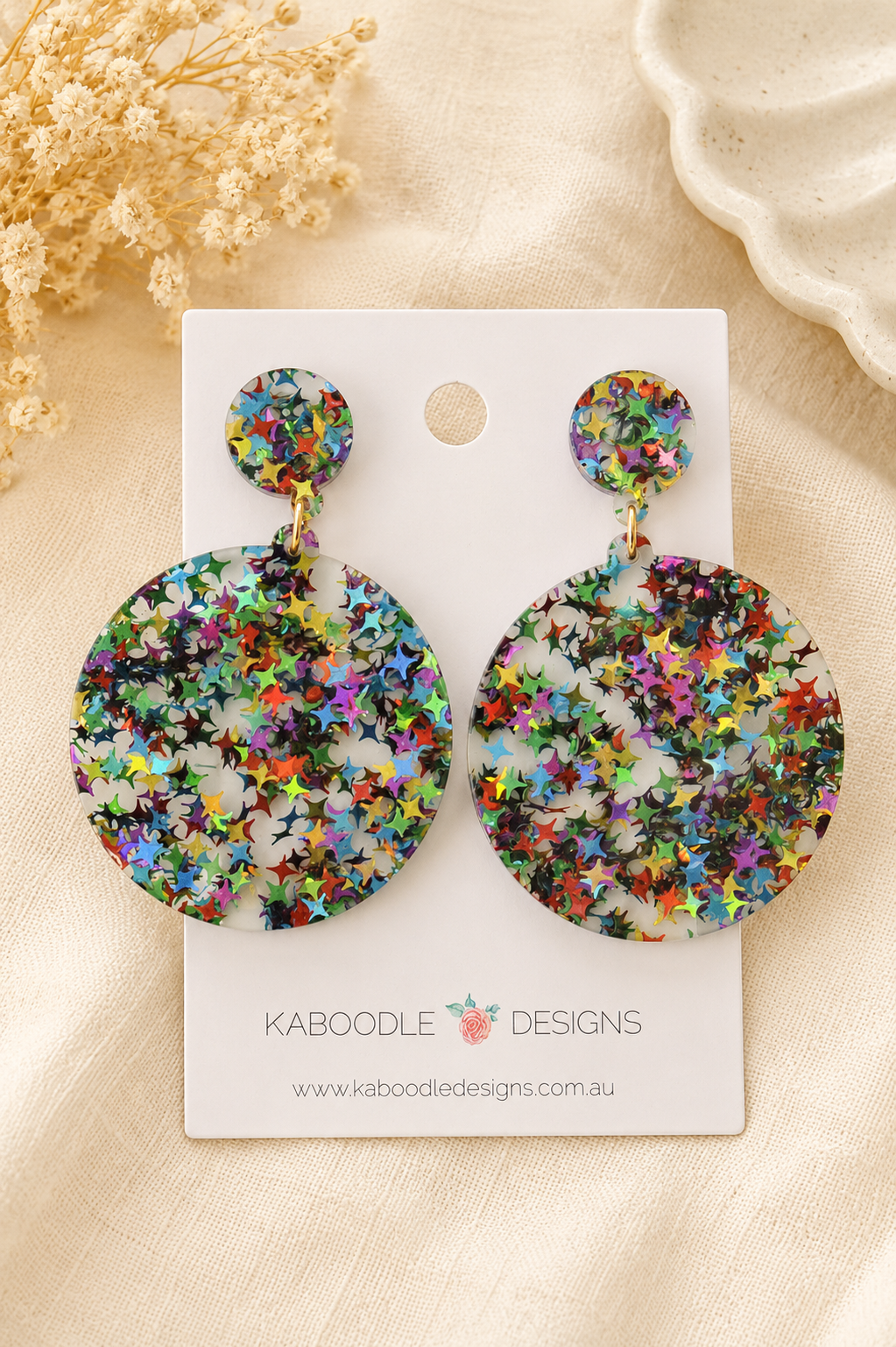 Star Circle Earrings - Acrylic Glitter Rainbow Dangle Drops