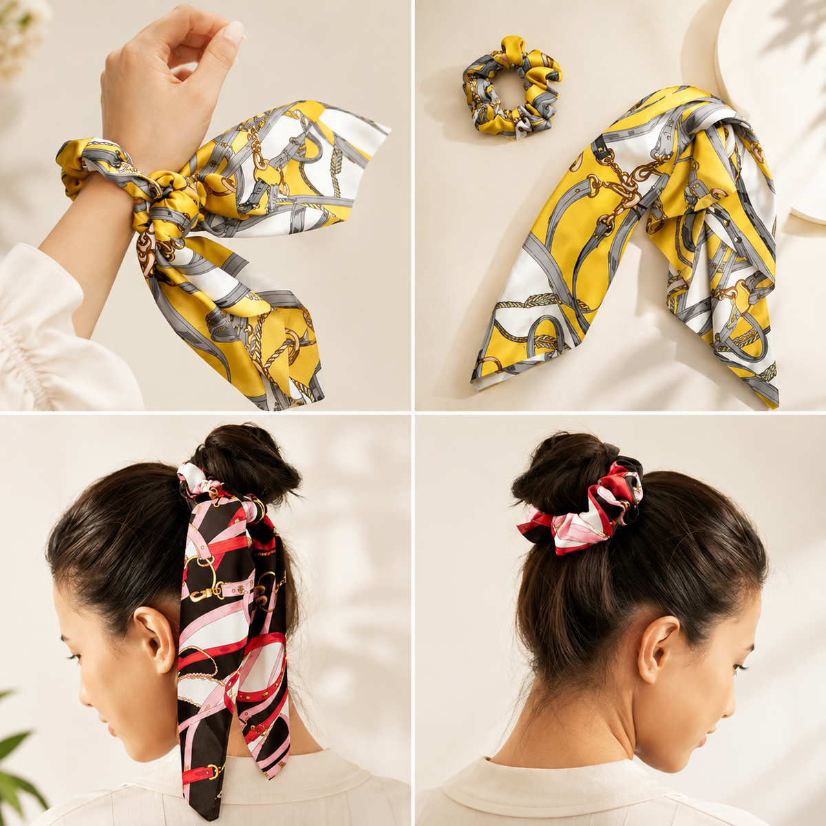 Scrunchie Scarf Hair Tie - Bohemian Yellow Black Bow