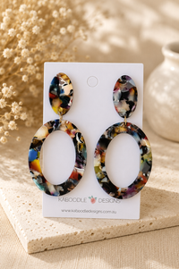 Multicolour marbled acetate acrylic oval drop earrings on Kaboodle Designs card