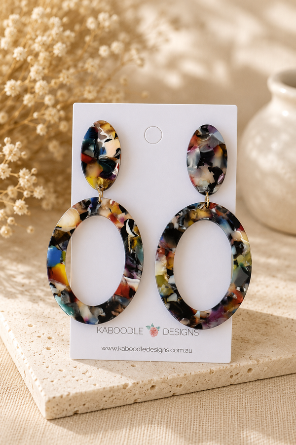 Multicolour marbled acetate acrylic oval drop earrings on Kaboodle Designs card